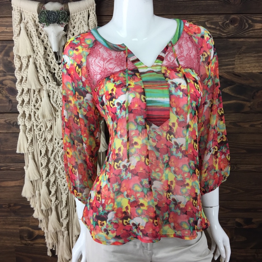 Fig & Flower | Floral Lace Mesh Blouse Tie Front Top‎ Sheer
